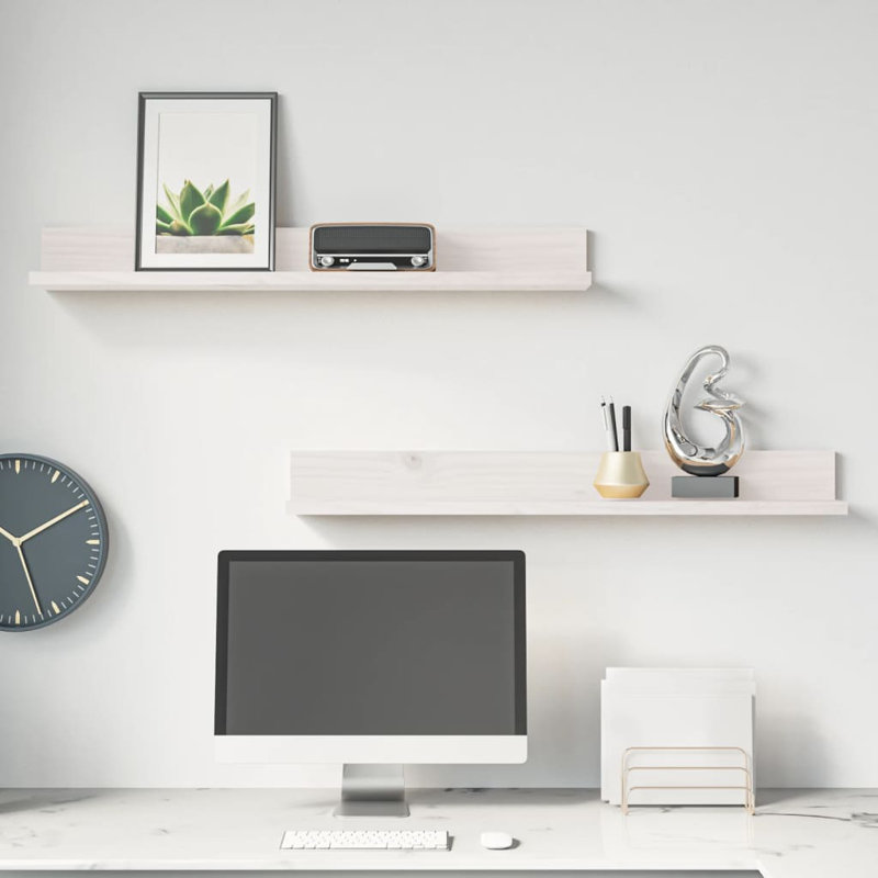 Wall Shelves 2 Pcs Solid Wood Pine, 9cm H x 80cm W x 11cm D, White