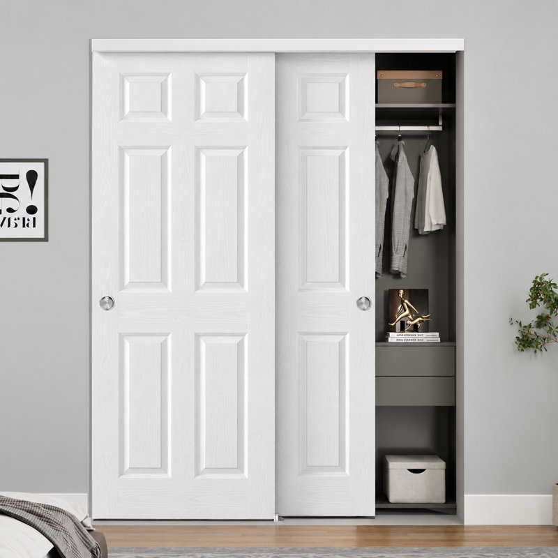 60"X80" Raised 6-Panel Textured White Primed Molded Sliding Closet Doors With Installation Hardware Kit and Satin Nickel Finger Pull