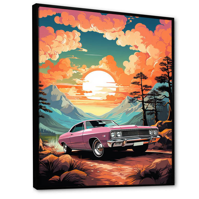 «Pink Classic Muscle Car At Sunset», Cadre flottant noir, H 40 po x l 30 po x P 1,5 po