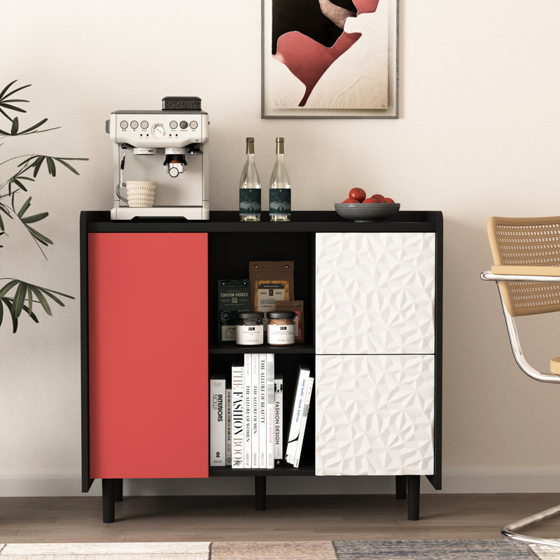 Buffet noir et rouge à 2 tiroirs avec compartiment de rangement ouvert pour l'extérieur de la chambre à coucher, Black/Red