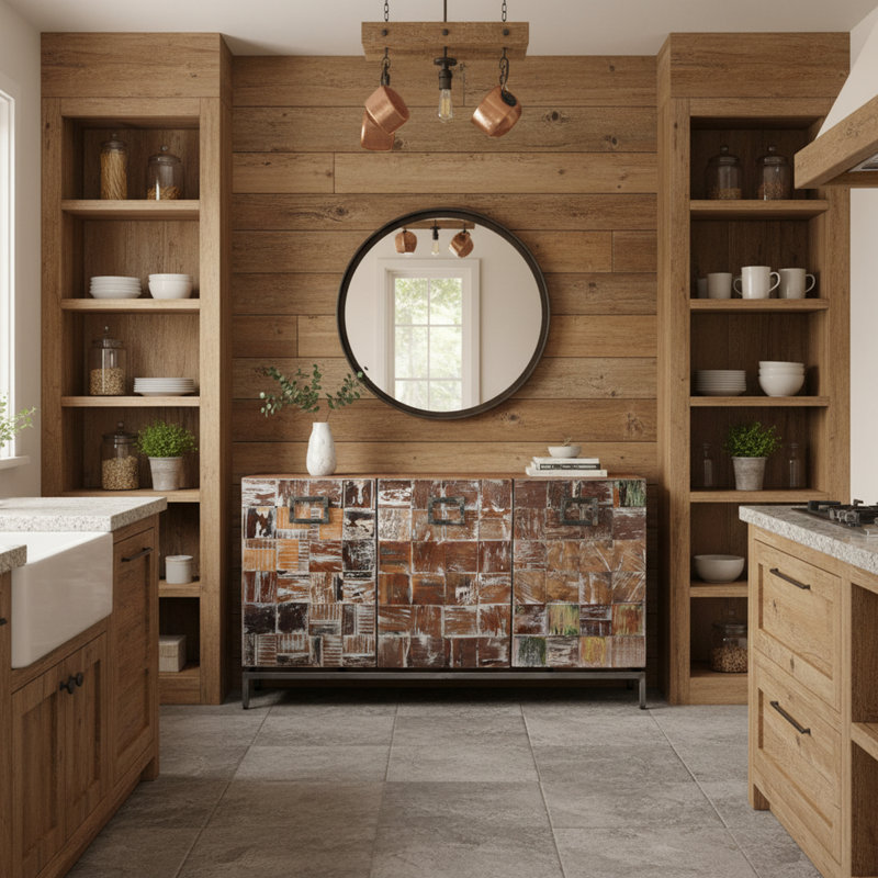 Buffet en bois massif récupéré avec base en fer Braun - Armoire de rangement rustique à 3 portes 