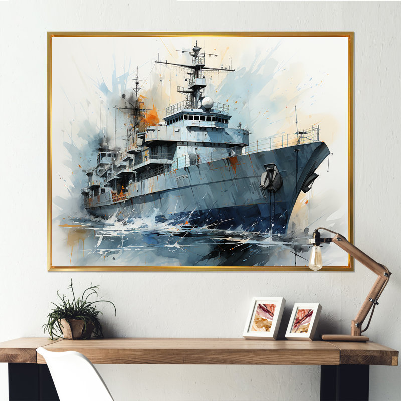 Marine armée, bateau, frégate II - Art mural militaire, Cadre flottant doré, H 34 po x l 44 po x P 1,5 po