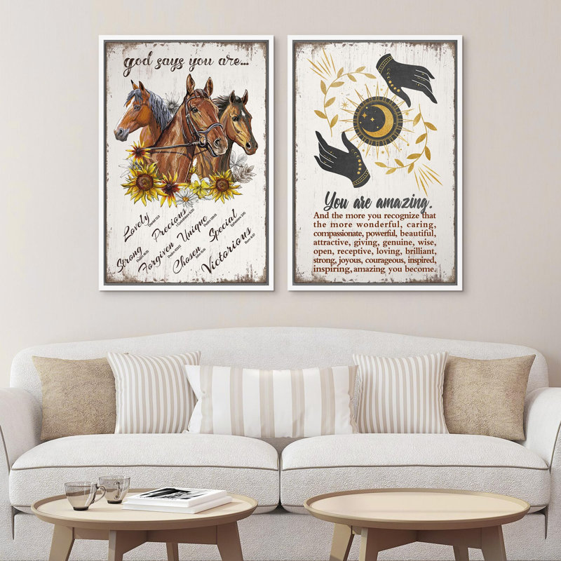 Inspirant trio de chevaux de beauté et de citations inspirantes, art moderne, décoration murale, 2 pièces, Blanc