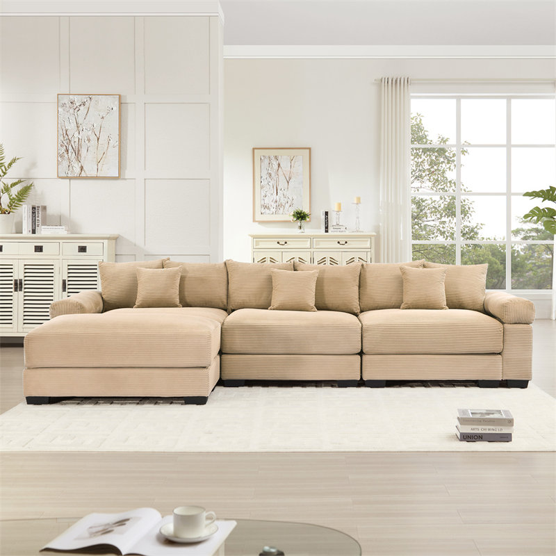 3 Seater Sofa with Ottoman, Camel Corduroy