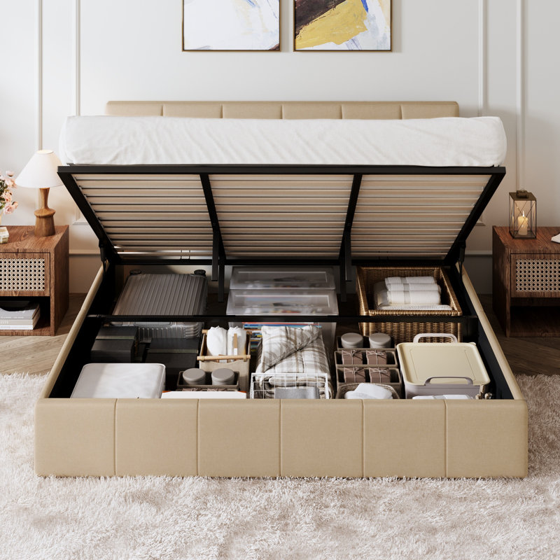 Lit plateforme tapissier hydraulique avec tête de lit réglable, Très grand, Beige
