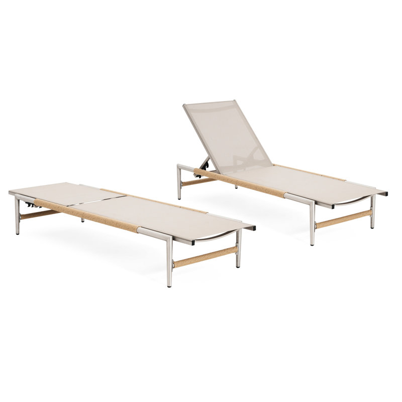 Patio Aluminum Chaise Lounge Bed Of 2 - Rust Frame, Outdoor Mesh, Rounded Rope Wrapped Legs, Optimal Comfort, Easy To Clean, Great For Garden And Lounger Breathable Mesh Summer, Ergonomic Support,