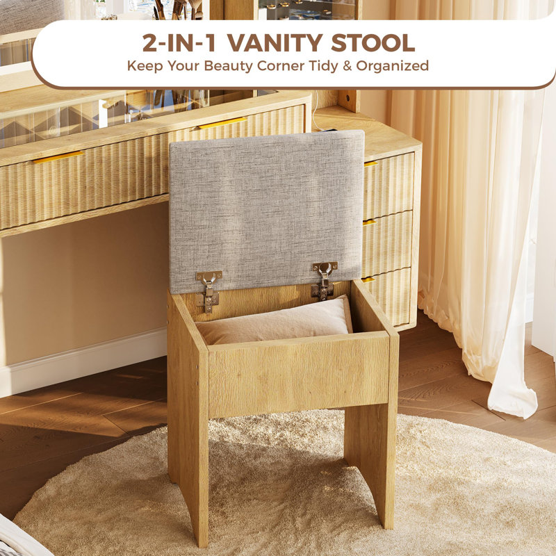  Meuble-lavabo cannelé moderne avec miroir lumineux à DEL - 3 couleurs DEL, plateau en verre, station de charge, tabouret de rangement rembourré - table de maquillage de chambre à coucher - finition bois naturel