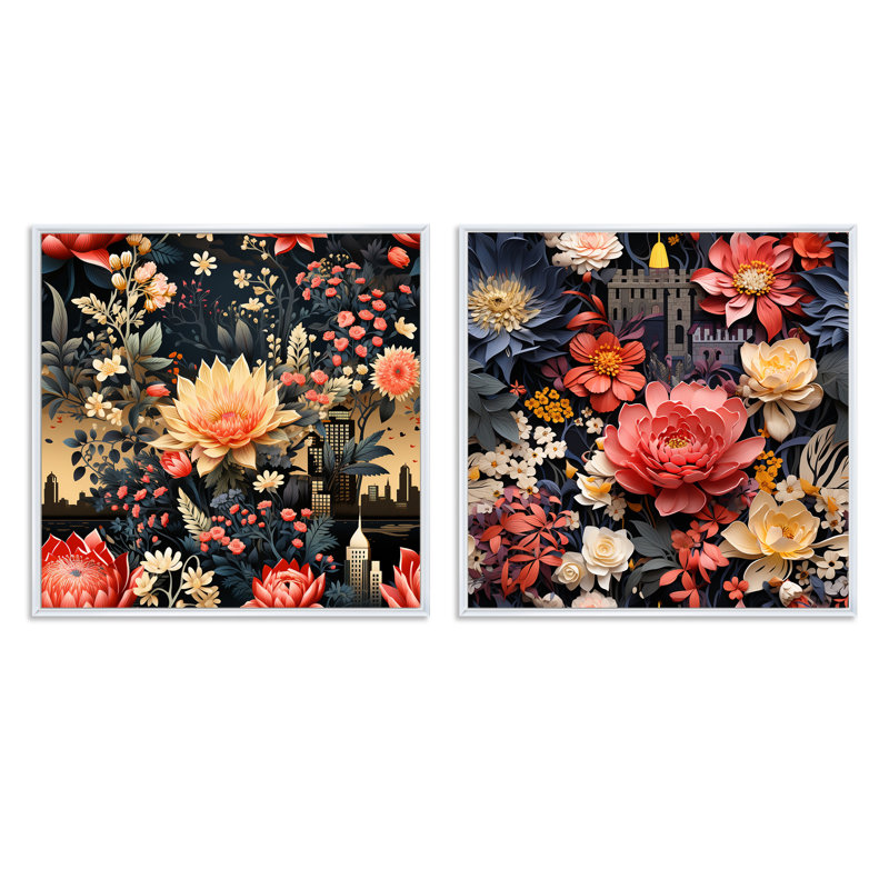 Ensemble de 2 collages carrés floraux Sara, H 16 po x l 33 po, Cadre flottant blanc
