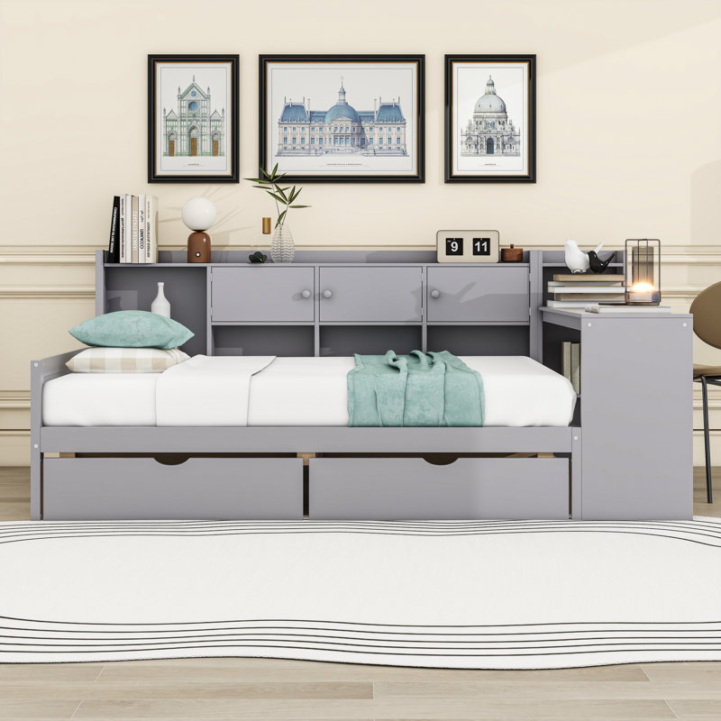 L-Shape Wood Daybed with Storage Desk and Drawers,Shelves, Full / Double