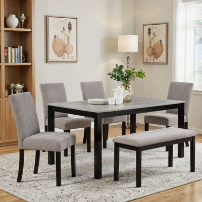 6-Piece Dining Set – 58" Rectangular Concrete-Effect Melamine Top, Solid Rubber-Wood Frame, 4 Grey Chenille Chairs + Slide-under Bench, Industrial Chic, Vietnam-Crafted