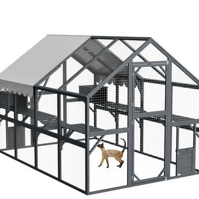 Extra Large Outdoor Cat Enclosure With Climbing Ramp And Multiple Resting Spots Playground Sun Protection 2 Lounging Huts For Cats