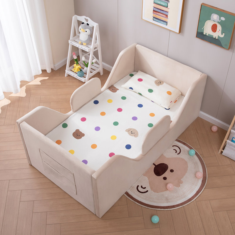 Toddler Floor Bed with Removable Safety Rails and Storage Bag, Kids Bed for Girl and Boys, Standard Crib Size, Safety Upholstered Child Beds, Low to Floor Design