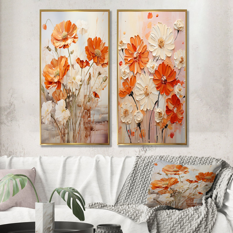 Ensemble de 2 reproductions d'art sur toile orange et beige Fiery Blooms I - souci, Cadre flottant doré, H 32 po x l 33 po