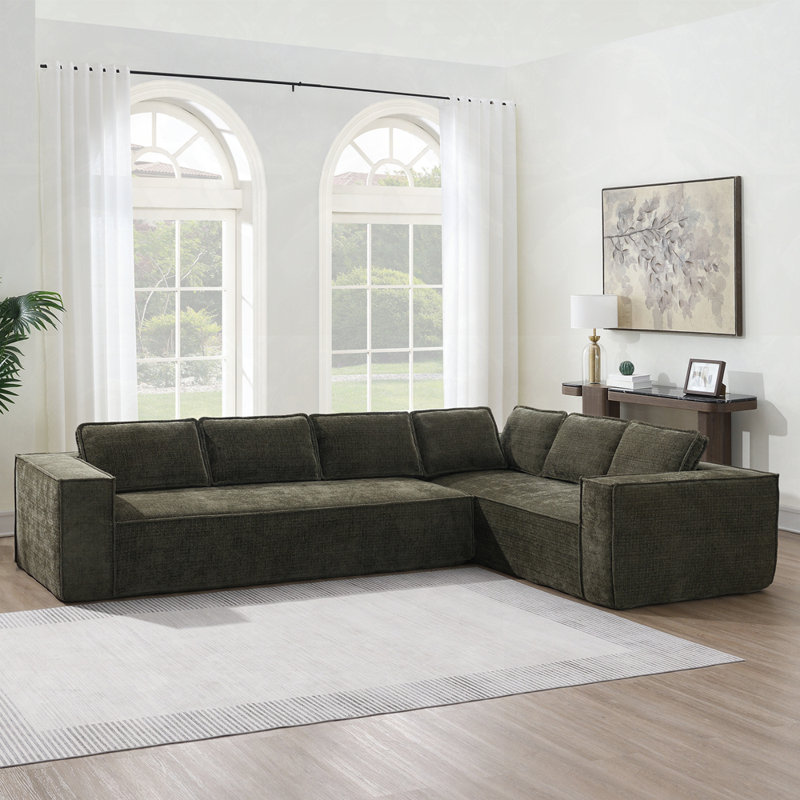 Boneless 6 Seat Wrinkle-resistant Chenille Couch Set, Green Chenille