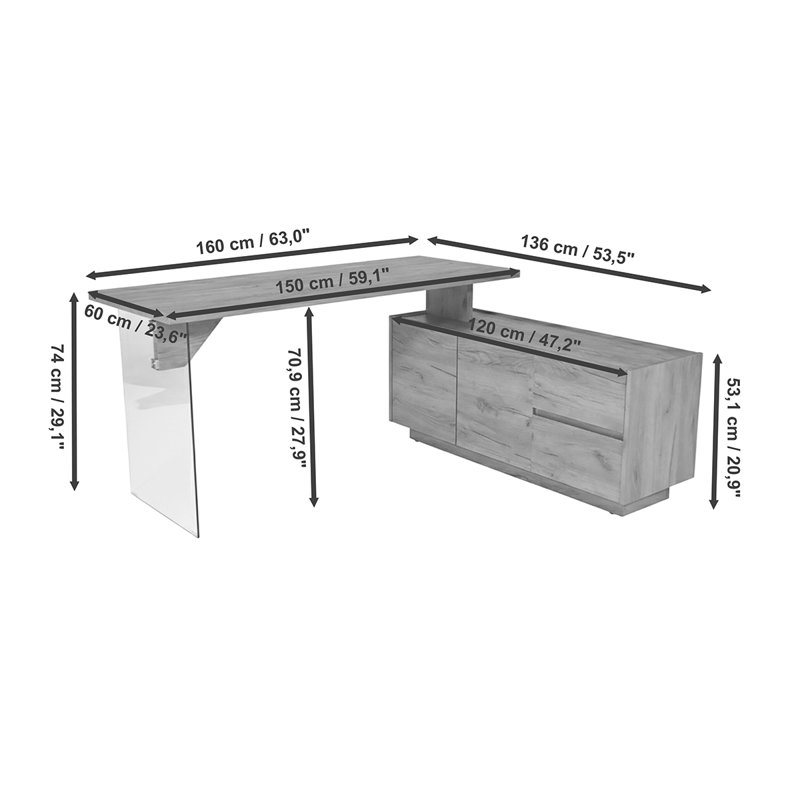 Bureau de direction en L de 63 po avec armoire de rangement Adalae, Brun