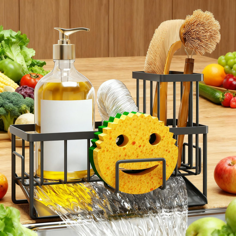 Organisateur de panier d'évier avec plateau autodrainant, éponge réglable et porte-brosse, distributeur de savon à vaisselle pour le rangement et l'organisation de l'évier de cuisine