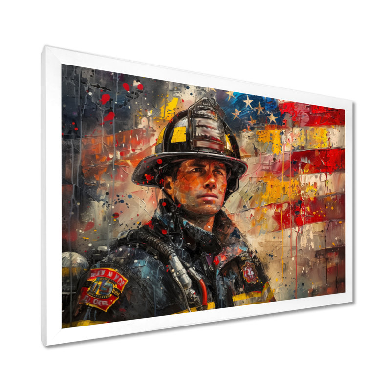 «Patriot Firefighter Hero I - Fireman Wall Art Living Room», H 16 po x l 32 po x P 1 po