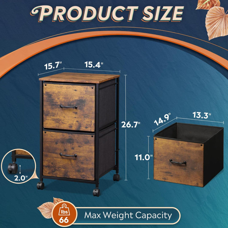 Kahira 2 Drawer Mobile File Cabinet, Wood Top Home Office Filing Cabinets, Printer Cabinet Fits Letter Files