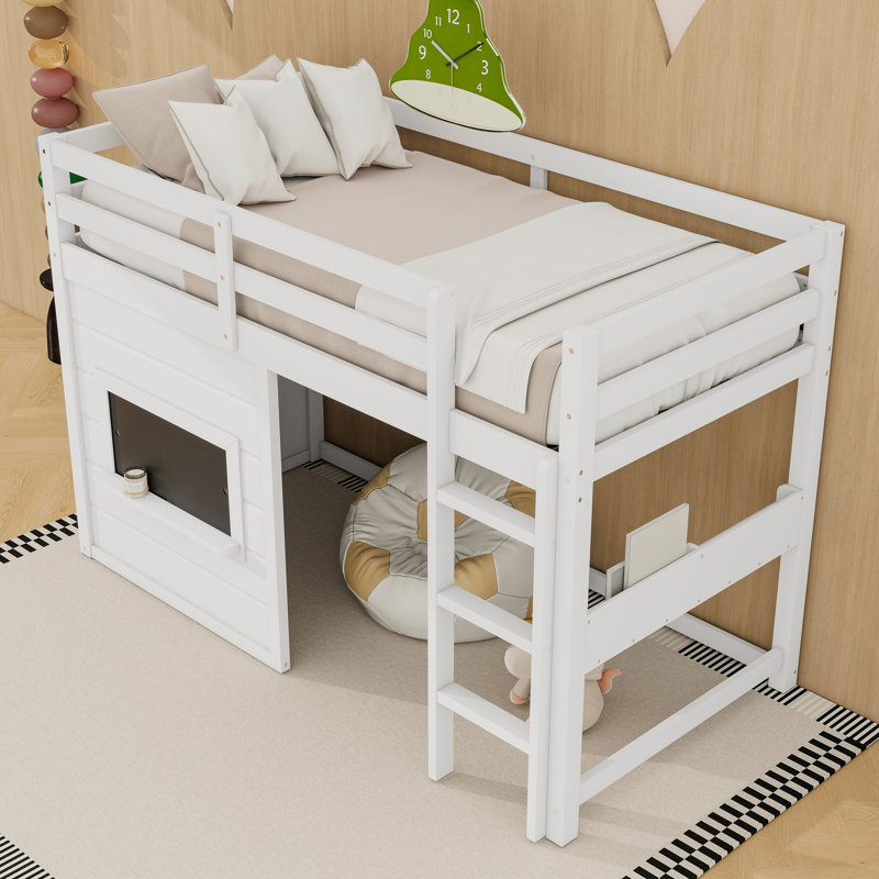 Lit mezzanine en bois avec tableau noir, aire de jeu et barrières de sécurité, Twin, Blanc