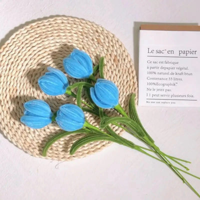 5/6pcs Artificial Tulips 12.5 Inch, Handmade Flower Bouquet with Bendable Petals and Leaves for Table Centerpiece Home Decor, Everlasting Gift for Mom