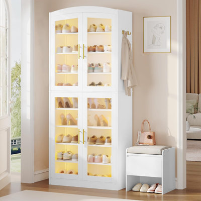 Armoire à chaussures à 9 niveaux, armoire à chaussures haute moderne avec tablettes réglables, 36 à 40 paires, vitrine avec portes en verre et lumières DEL, armoires en verre pour couloir, blanc