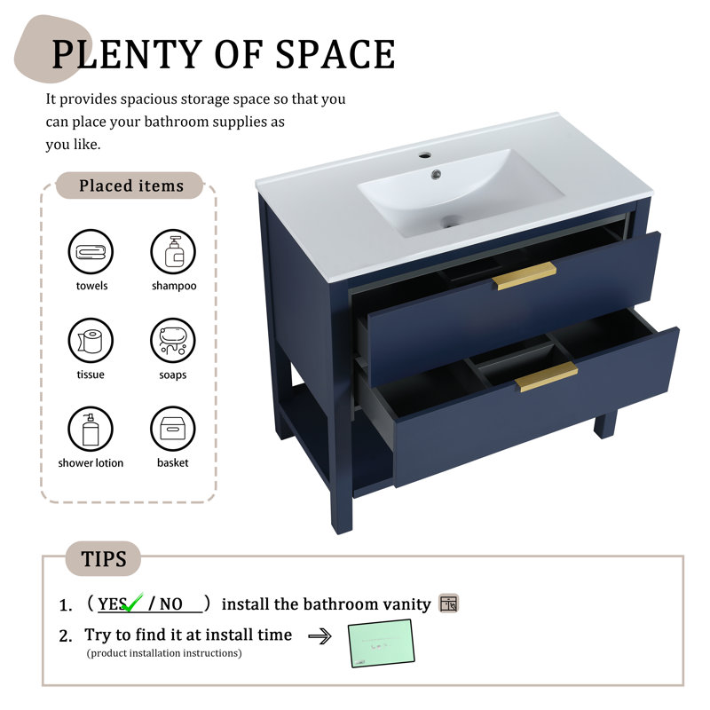 Meuble-lavabo simple 36,37 po avec plateau en résine Nabeel, Bleu foncé, Or