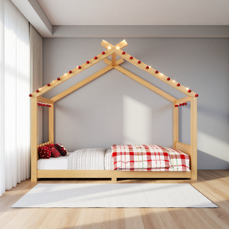 Lit de maison avec lattes de soutien, cadre de lit de maison en bois massif pour enfants, pas de sommier tapissier et structure d'ouverture