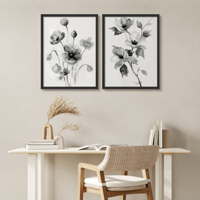 Black and White Floral Botanical Framed Wall Art Prints Set of 2 - Minimal Flower Decor Bedroom Living Room