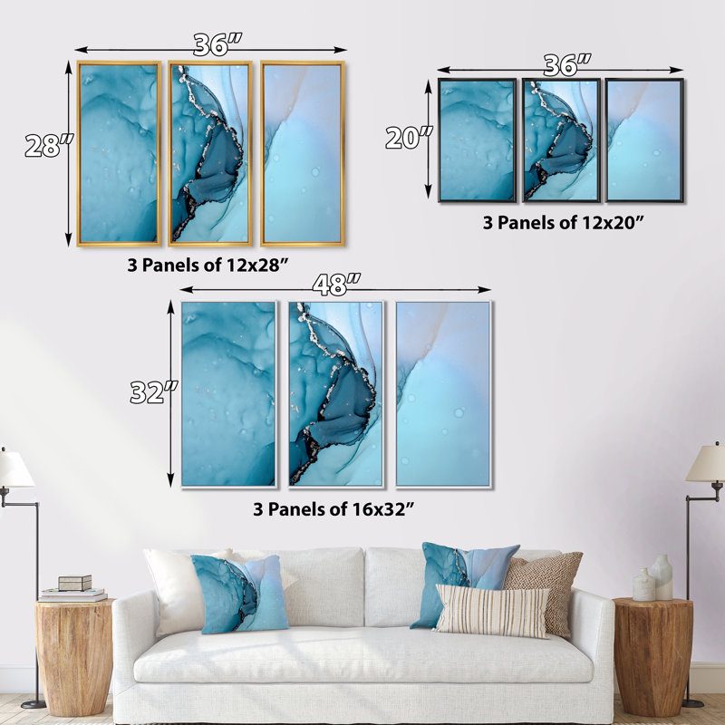 Turquoise, liquide Art Universe - 3 pièces, cadre flottant, impression sur toile, L 36 po x H 20 po, Encadrement doré