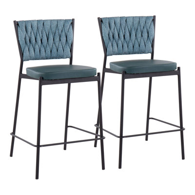 Contemporary Counter Stool In Black Metal, Green Faux Leather, And Sea Green Fabric  - Set Of 2