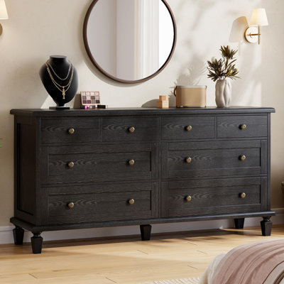 59" Wide Vintage 8 Drawer Wood Dresser with Carved Handles & Tapered Legs for Bedroom