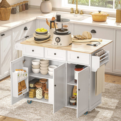 Rolling Kitchen Island with Charging Station and Drop Leaf, 53" Island Table with Wood Top, 3 Drawers, Adjustable Shelf, Spice & Towel Rack, Kitchen Cart on Wheels