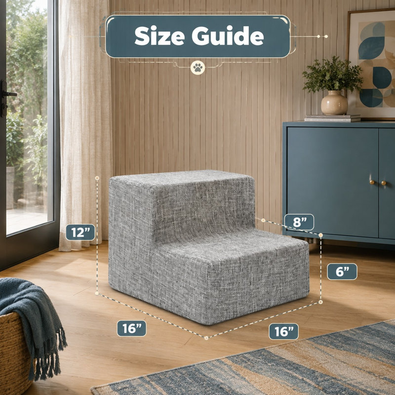Escalier pour animaux de compagnie en lin gris cendré à 2 marches en mousse pour petits chiens et chats, hauteur de 30 cm ; support équilibré de type rampe d'intérieur avec base antidérapante et aucun assemblage requis