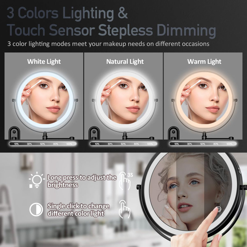 Rechargeable Lighted Wall Mounted Makeup Mirror With 3 Colour Lights,Dimmable Touch Screen,8 Inch LED Double Sided 1X/10X Magnifying 360°Flexible 13 Inch Retractable