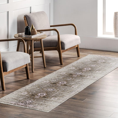 Tapis en chenille de coton oriental beige et vert rétro Vintage