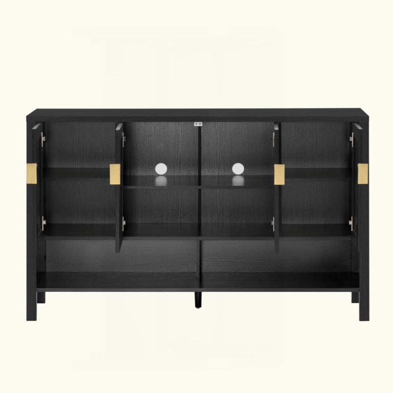 Buffet de rangement à 4 portes, buffet multifonctionnel avec tablette ouverte et 2 tablettes réglables à 2 niveaux, armoire moderne avec crochets doubles, convient au salon, au couloir, à la salle à manger et au bureau.