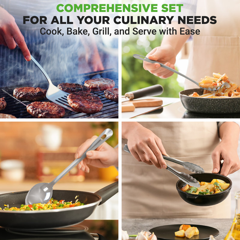 Ensemble d'ustensiles de cuisine en acier inoxydable 10 pièces Nutrichef - Outils de cuisson en métal - Comprend un porte-ustensiles, une cuillère, une cuillère à fente, un tourne-spatule, une spatule à fente, une louche, une fourchette à pâtes, u