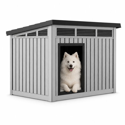 Weatherproof Outdoor Storage & Dog House with Sloped Open Top, Spacious Multi-Purpose Plastic Bin