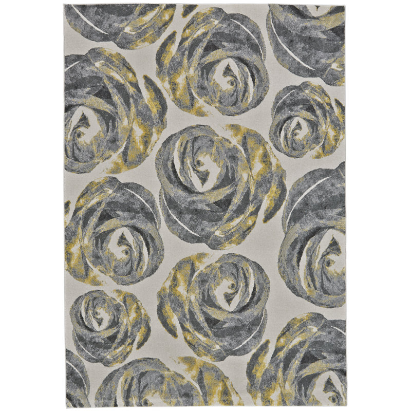 Tapis graphite et jaune à motif floral Harvey, Rectangle 10 pi x 13 pi 2 po