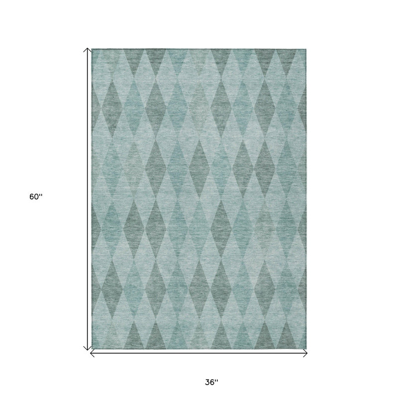 3' X 5' Teal Geometric Washable Non Skid Indoor Outdoor Area Rug