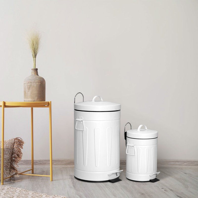 White and Black Fingerprint Resistant Metal Step-On Trash Can Set