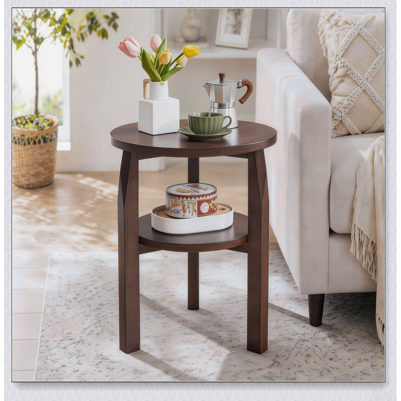 Table de bout ronde en bois d'hévéa massif, table d'appoint à 2 niveaux avec tablette de rangement, parfaite pour le salon et la chambre à coucher