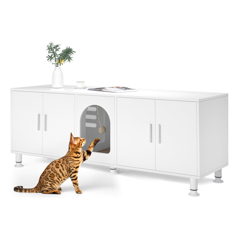 Double-Room Cat Litter Box Enclosure Furniture for 2 Cats，with Scratcher Mat & Motion-Activated Light (White), White