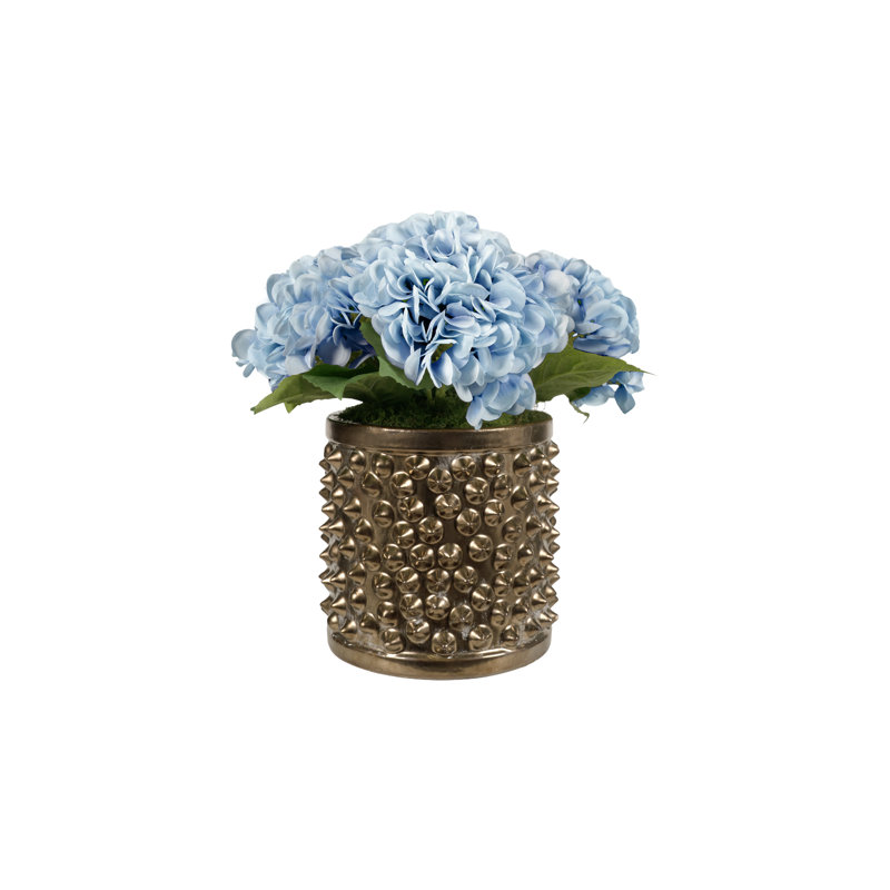 Green Real-Touch Hydrangeas In Spiked Gold Planter, Blue