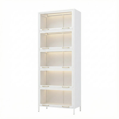 Vitrine de 76,75 po en fer avec portes en verre, bibliothèque en acier à 5 niveaux avec lumières DEL pour objets de collection, armoire vitrée de style moderne pour la maison, le salon, le bureau, la salle de jeux et d'étude - blanc