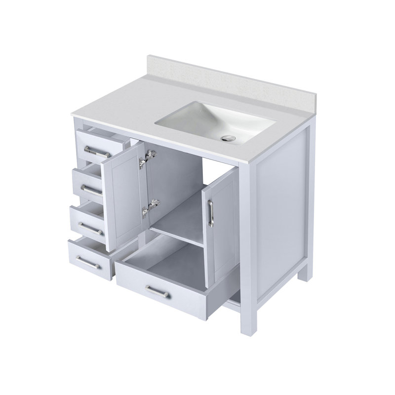 Meuble-lavabo blanc 36 po X P 22 po D, décalé à droite et plateau en quartz blanc, Blanc
