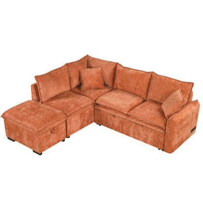 Lit en forme de L de 84,88 po avec coussins, rangement, hublots, prises électriques orange et mobilier pratique