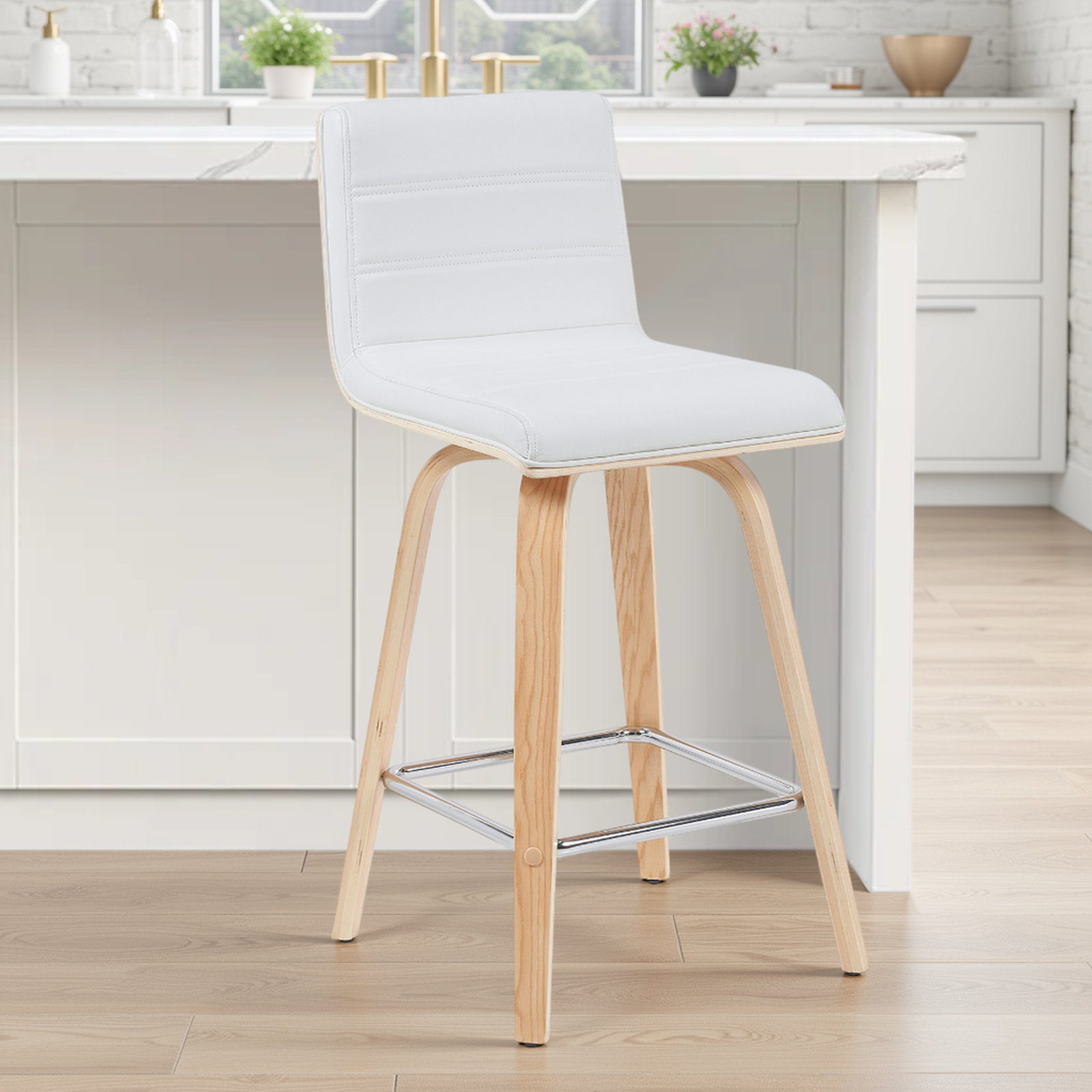 Biance Swivel Bar Stool, Counter Stool (26" Seat Height), White Faux Leather, Natural