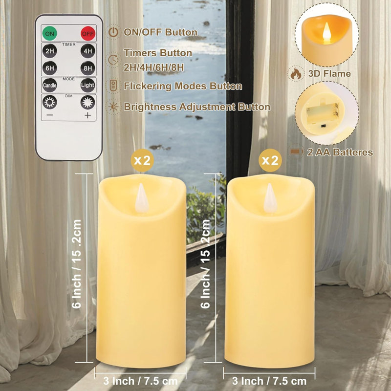 LED Flameless Candles - Battery Operated Lights Plastic Pillar Candle Remote Control Timer Realistic Flickering Flame Electric Powered Artificial Candle Large Ivory Outdoor Indoor Set of 4