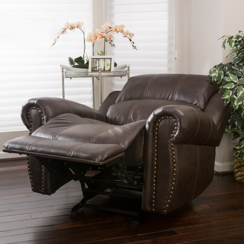 Faulks Manual Glider Recliner with Nailhead Trim, Brown Faux Leather